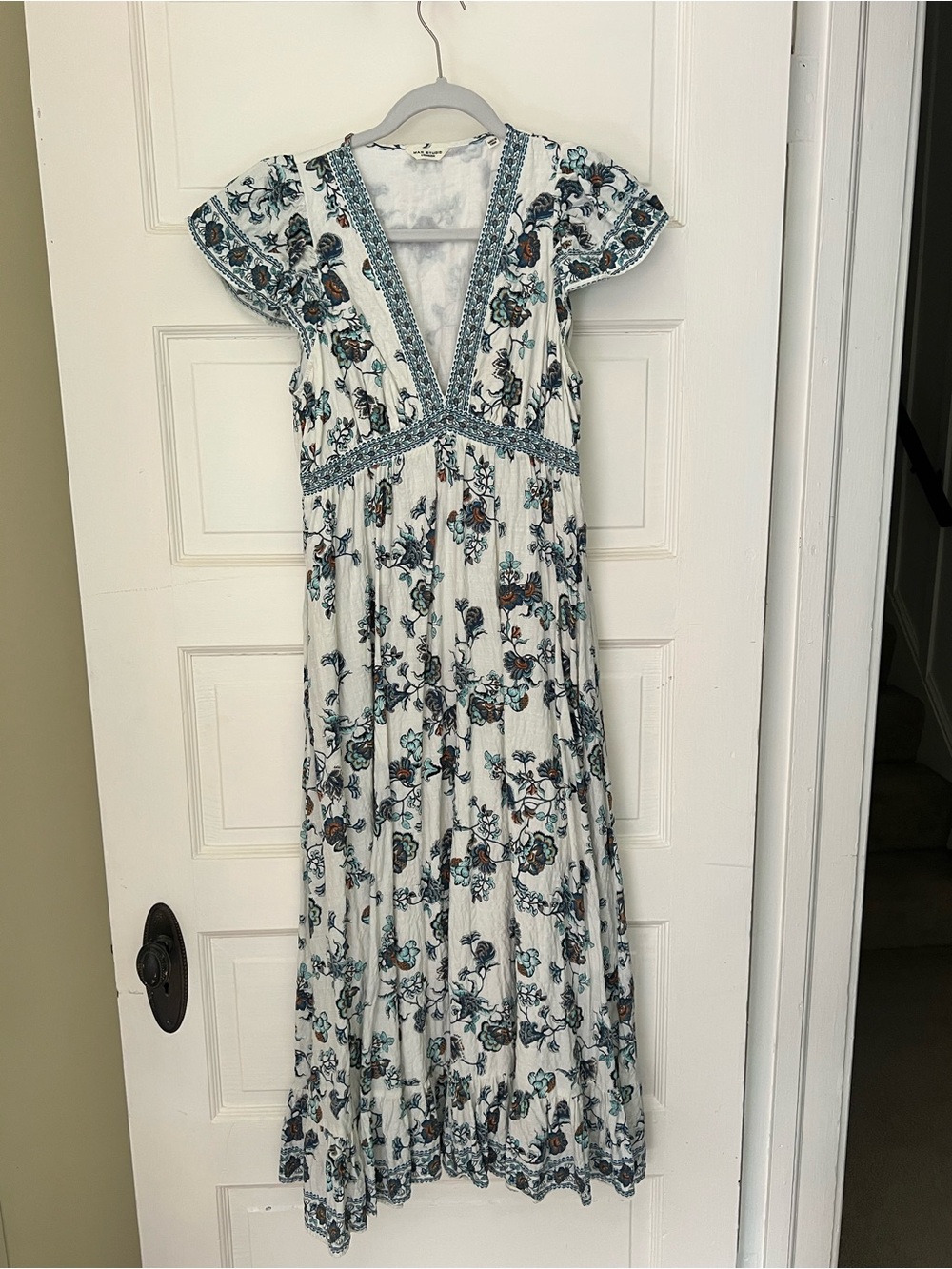 Max Studio White Maxi Dress with Teal and Brown Floral Print